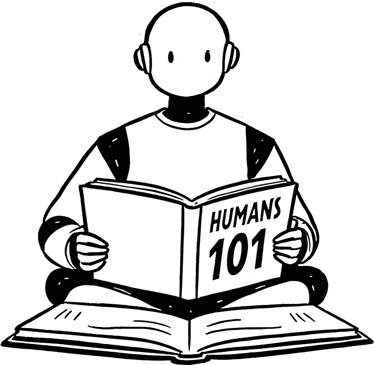 A robot reading a book about humans