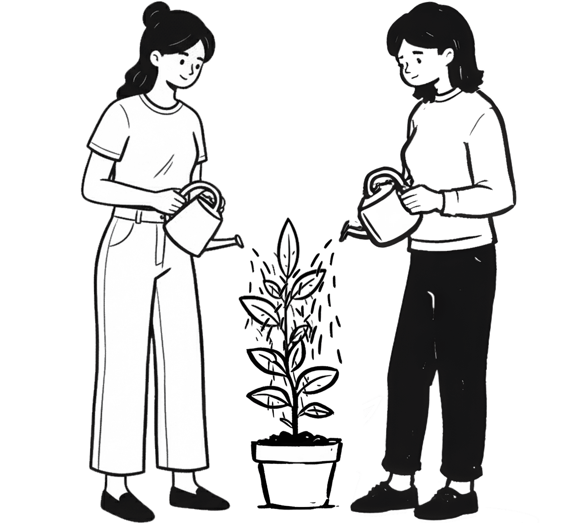 Two people watering a plant together
