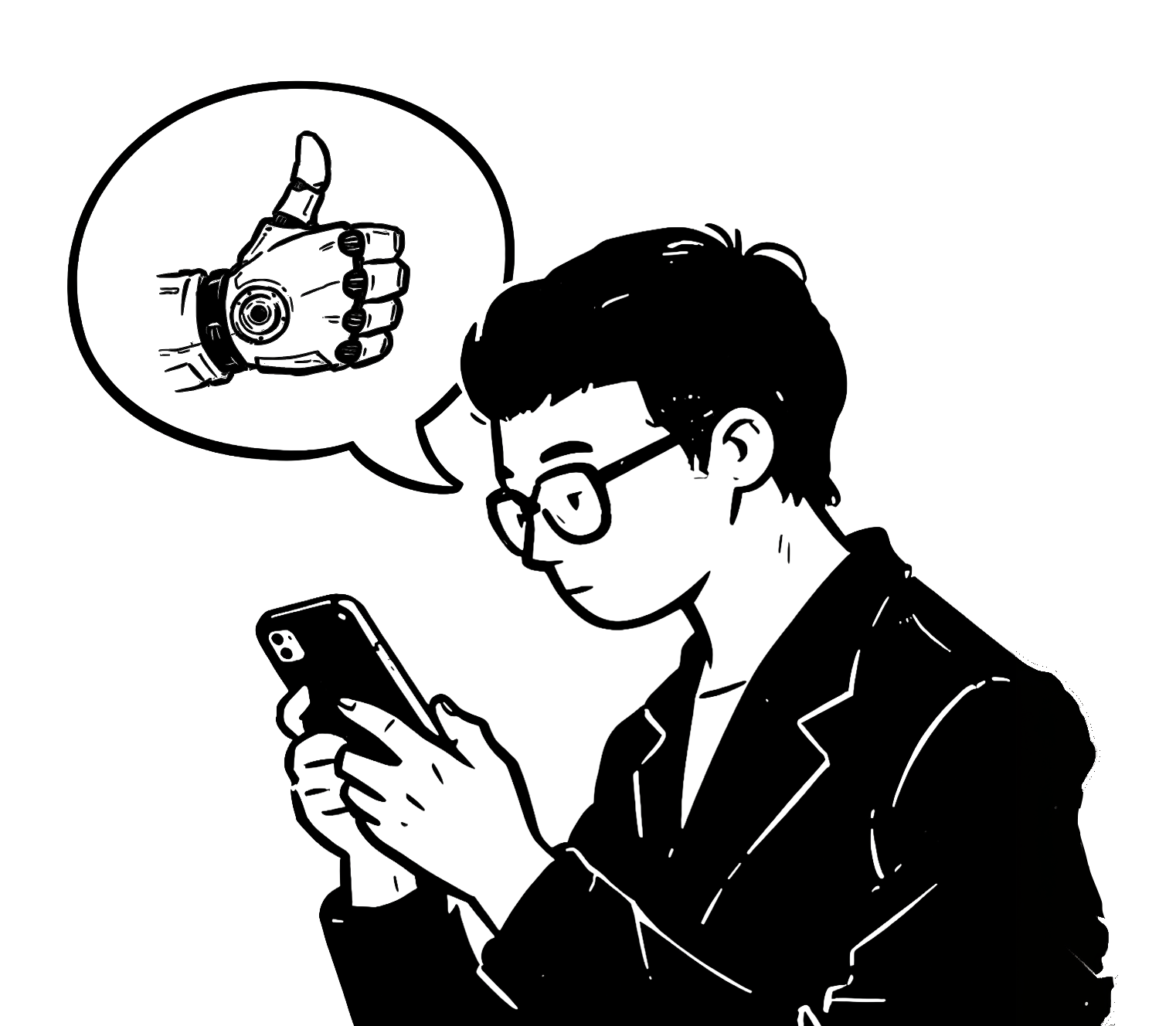Illustration of a person looking at their phone while a chat bubble gives a thumbs up